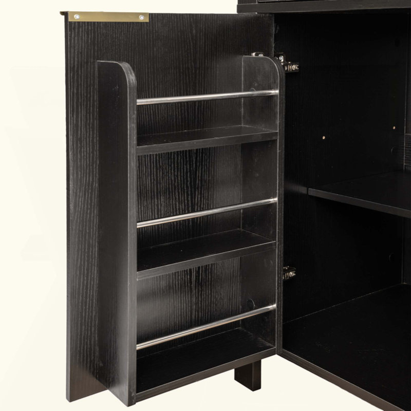 Grand garde-manger arqué cannelé avec tablettes réglables, rangement élégant avec tiroir caché et porte vitrée pour la cuisine, le salon, la salle à manger