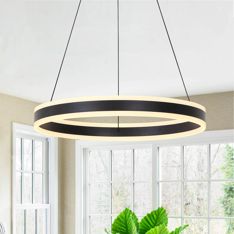 Dilnoza Ring Unique Wagon Wheel LED Pendant Modern Farmhouse Remote Dimming, Matte Black, 59" H x 23.6" W x 23.6" D