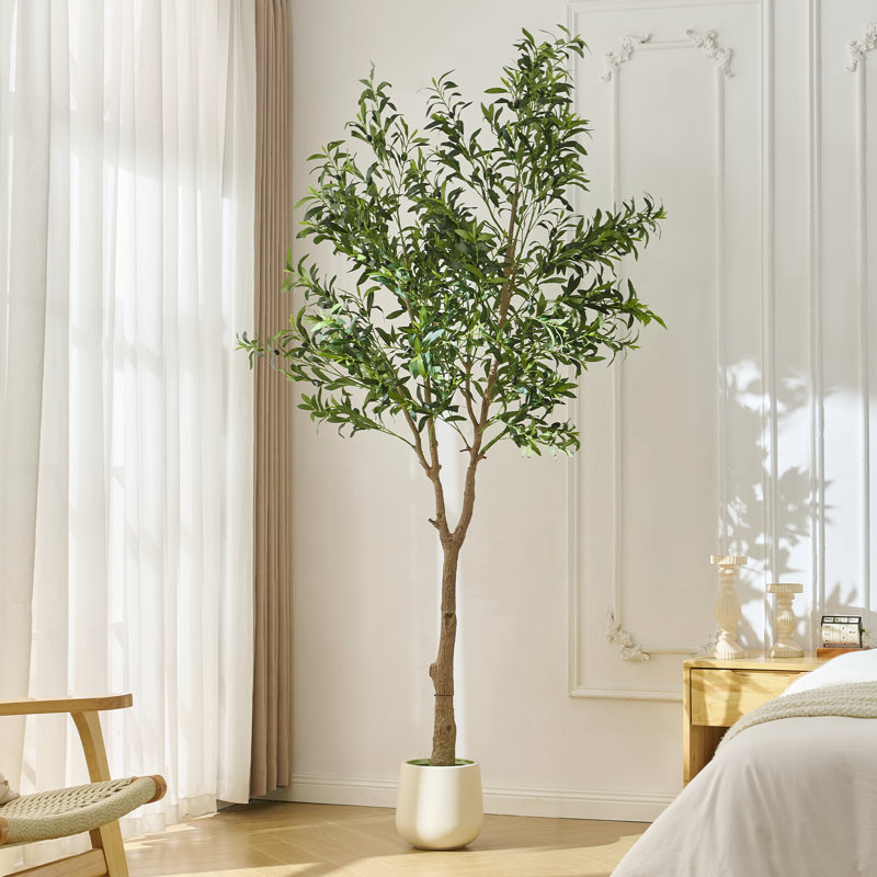 Olive artificielle 7 pi en pot blanc, plante d'intérieur artificielle réaliste pour le salon, le vestibule et le bureau
