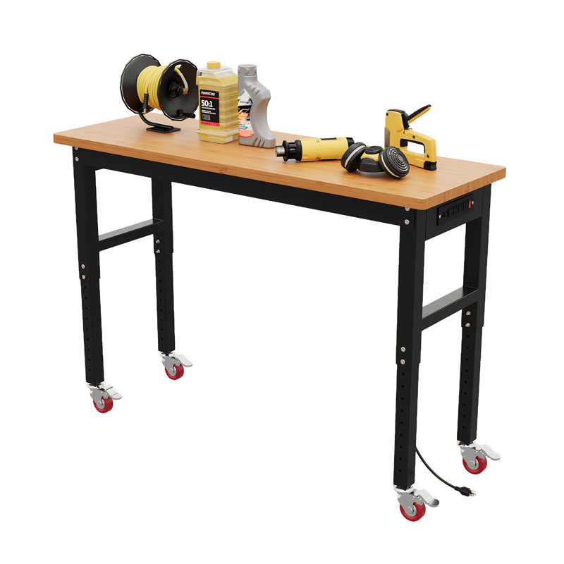 Établi 60 po à hauteur réglable avec prises de courant, table de travail en bois massif robuste