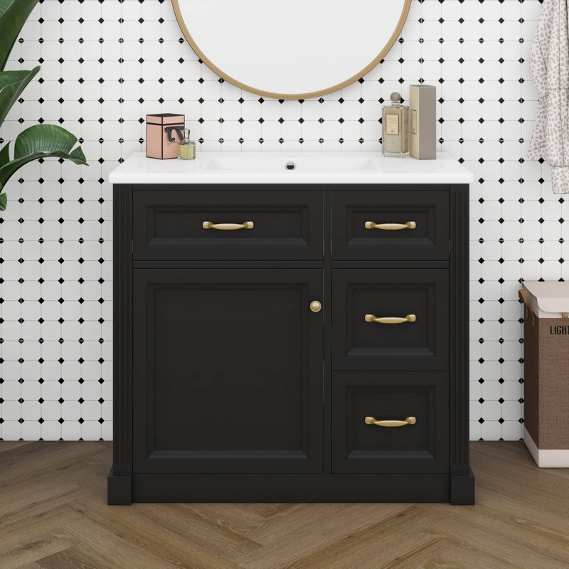 Meuble-lavabo 36 po avec lavabo en céramique, meuble-lavabo simple avec 4 tiroirs, porte à fermeture en douceur et tablette réglable