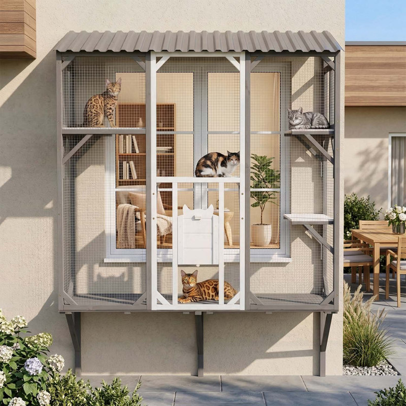 Spacieux Catio d'extérieur avec plateformes pour 1 à 3 chats, gris et blanc, sécuritaire et durable