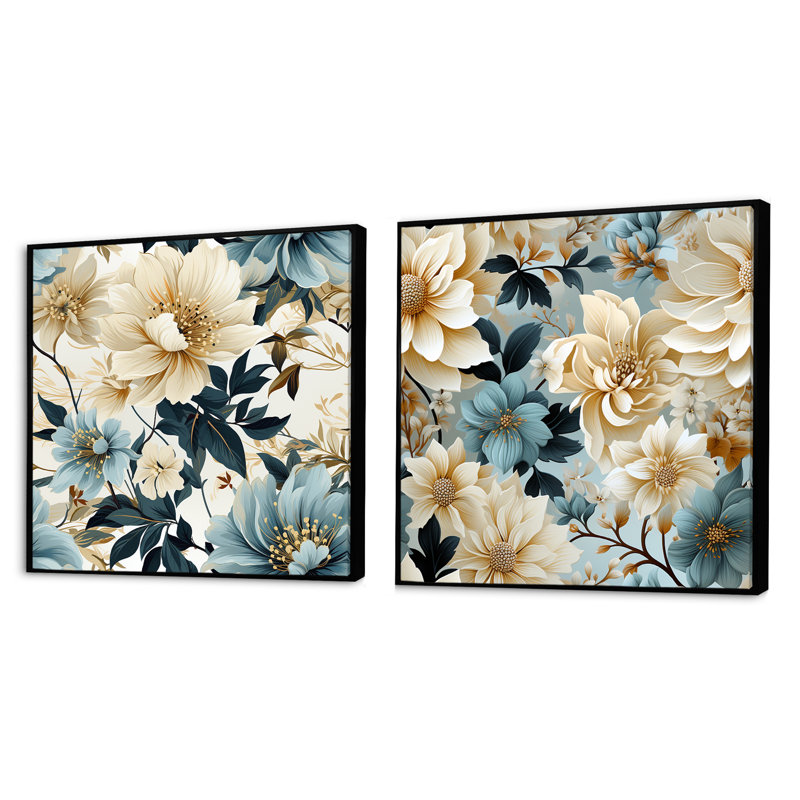 Heloise - Ensemble de 2 collages carrés floraux, Cadre flottant noir, H 16 po x l 33 po