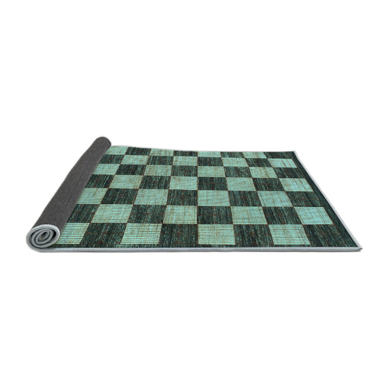 Tapis en laine / polyester à carreaux tissé à la machine en bleu / vert, Carré 7 pi