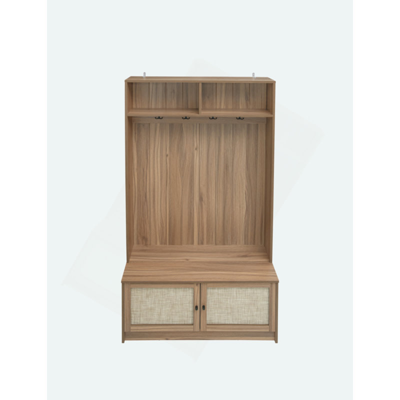 Retro Style Hall Tree With 2 Rattan Doors And 4 Hooks, Elegant Walnut