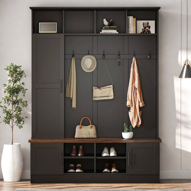 73.3"H Hall Tree with Open Storage,3-in-1 Hall Tree with Bench, Black