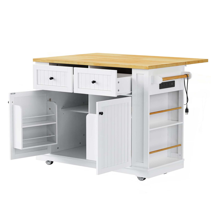 Grand îlot de cuisine avec 2 tabourets de bar, prise de courant, support de rangement interne pour porte, chariot de rangement de cuisine sur 5 roulettes avec abattant, 5 supports latéraux ouverts, 2 tiroirs, pour la cuisine, la salle à manger