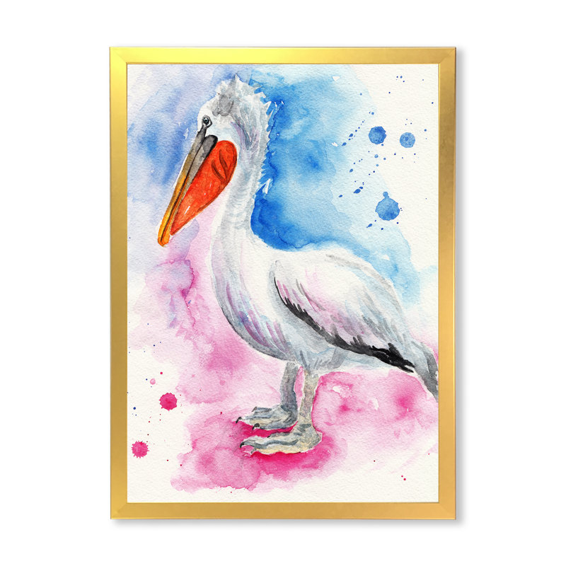 Pélican bleu et rose, Impression dorée sur toile encadrée, H 32 po x l 16 po x P 1 po