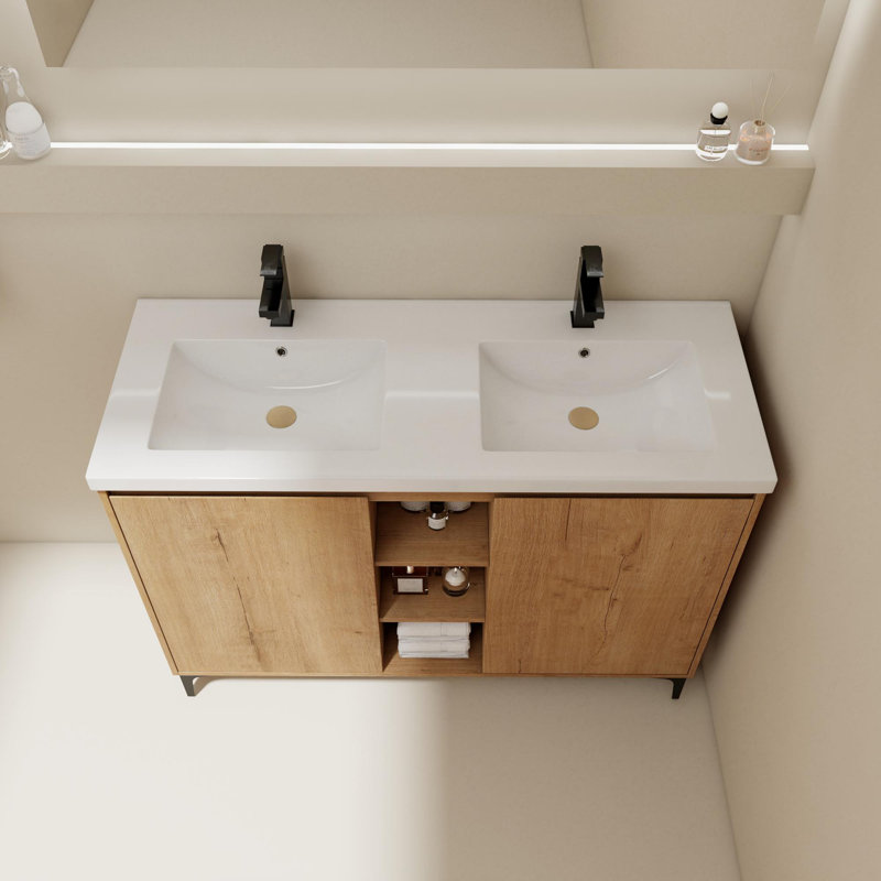 Meuble-lavabo double autoportant 48 po avec plateau en plastique Jeinny