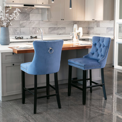 Modern Style Velvet Bar Chairs, Handmade Pull-Ups, Solid Wood Legs - Blue Of 2 Adjustable Height, Double Elastic Structure