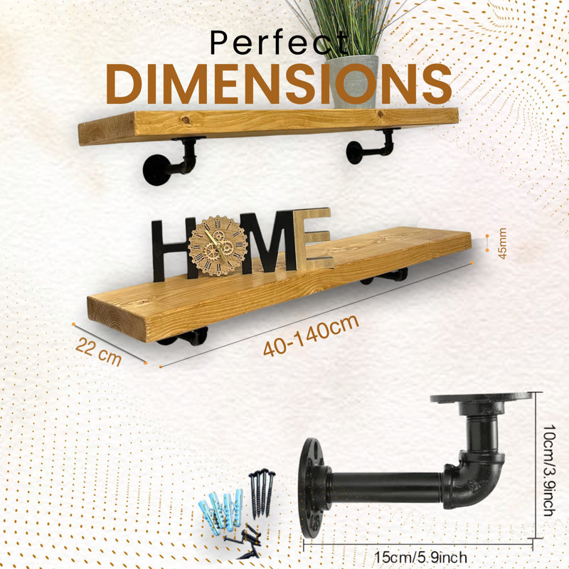 Aleksah Wood Floating Shelf, Rustic Pine, 4.5cm H x 140cm W x 22cm D