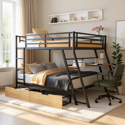 Full Size Metal Loft Bunk Bed with Built-in Desk, LED Light, and 2 Storage Drawers, Modern Industrial Study & Sleep Station, Black