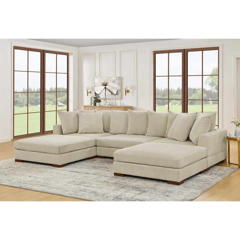 Canapé modulaire rembourré 5 pièces Blondun, Velours côtelé crème