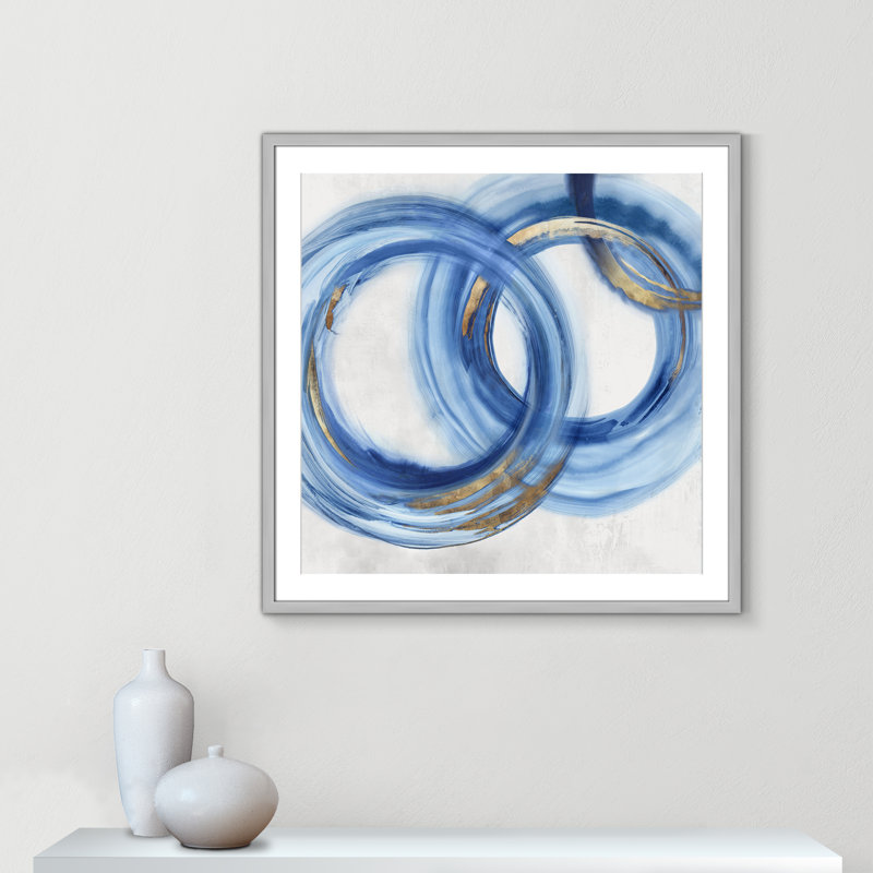 «Blue Cosmic Cascade I» par Emma Peal, H 32 po x l 32 po x P 1,25 po, Oui, Papier avec cadre simple argenté