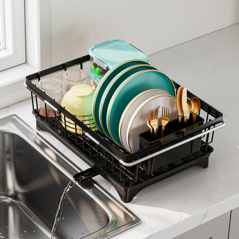 Égouttoir à vaisselle pour cuisine, égouttoir à vaisselle extensible en acier inoxydable avec égouttoir et porte-ustensiles, 14,5 po x 10,4 po x 5,3 po (noir)