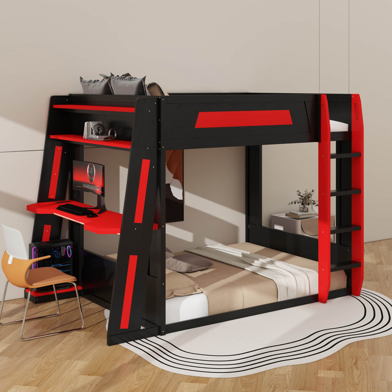 Grand lit superposé en bois avec bureau, tablettes, lumière USB et DEL, Grand lit, Noir / Rouge