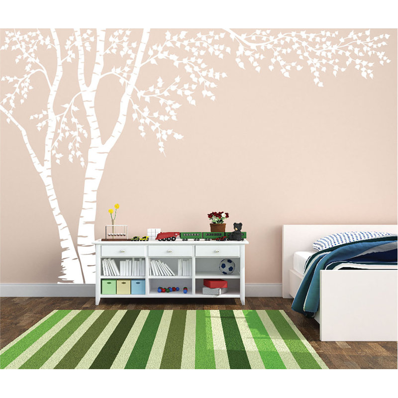 Décalcomanie murale en vinyle Birch Tree Forest Blowing Leaves, Blanc, H 84 po x l 130 po