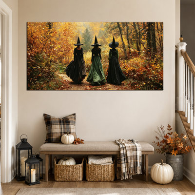 Art mural d'automne d'Halloween, décoration murale de photos d'Halloween, toile d'Halloween de sorcière effrayante, style gothique d'automne chaud, décoration murale de photos de sorcière pour salon, entrée, présentoir saisonnier 24 po x 48 po