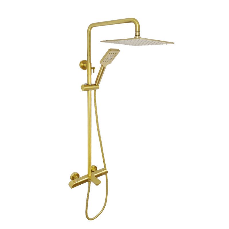 Système de tuyau de douche thermostatique exposé à trois fonctions Zen avec pomme de douche à pluie carrée de 10 po x 10 po x 1/5 po et douchette à main et douchette à 3 fonctions.
