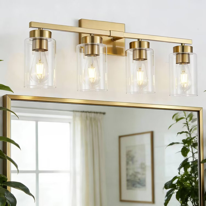 Applique murale de salle de bain à 4 lumières avec abat-jour en verre transparent, Gold