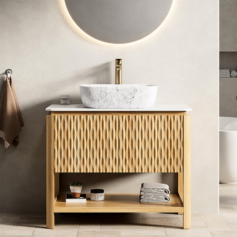 Meuble-lavabo moderne de 36 po avec lavabo en céramique et surface en pierre frittée, portes d'armoire en bois massif, système d'amortissement à tablette ouverte et à fermeture en douceur