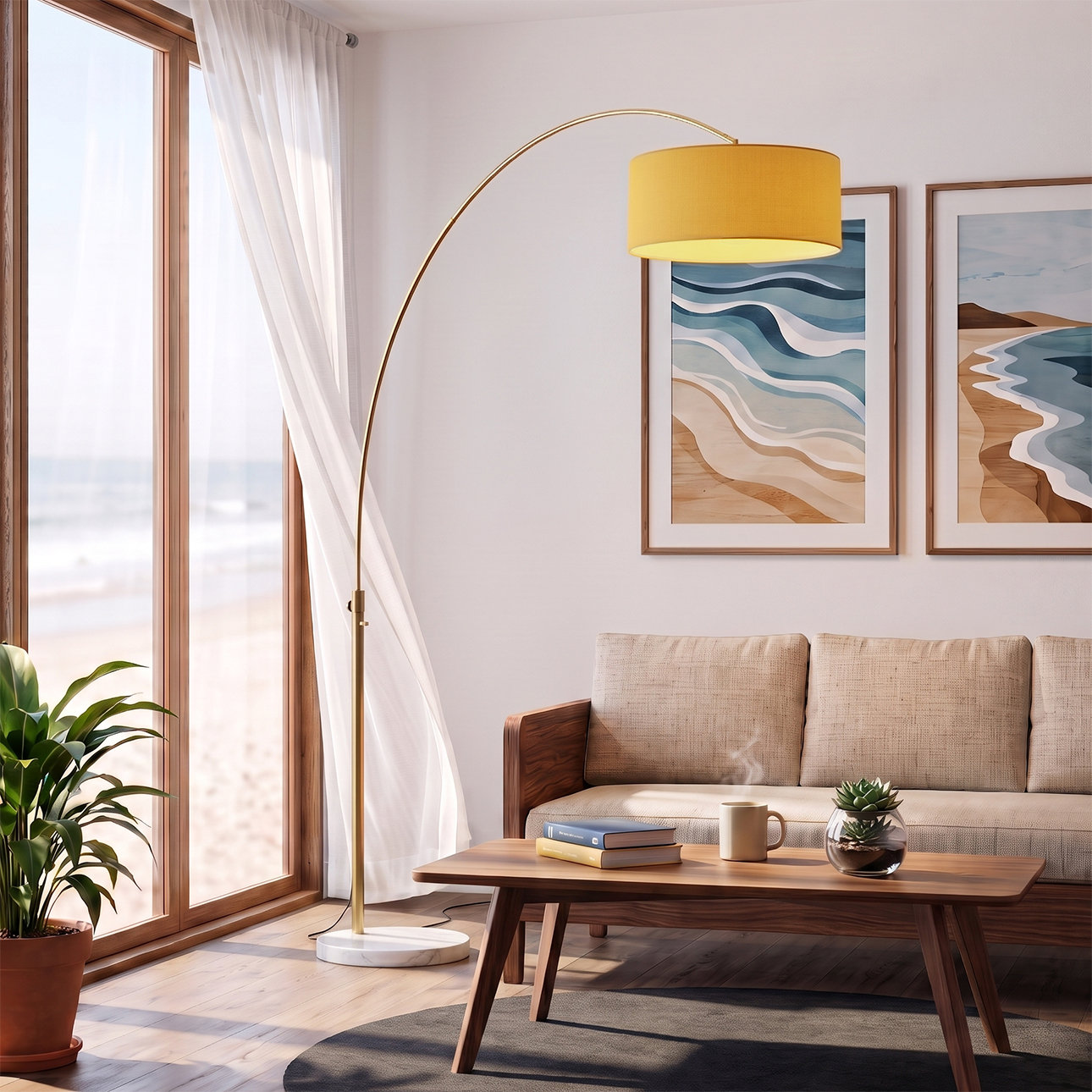 Float 92" Arc Lamp - Weathered Brass, White Marble Base, Linen Shade, Dimmable, Bulb Included, Mustard