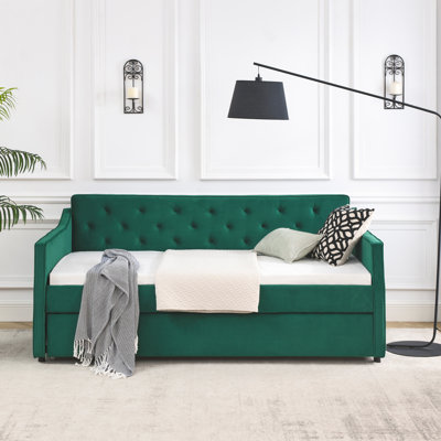 Lit de jour simple avec lit gigogne, canapé-lit rembourré capitonné avec accoudoirs ondulés, canapé-lit vert et peu encombrant pour la chambre à coucher ou le salon (80,5 po x 44,5 po x 33,5 po)
