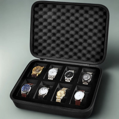 8 Slots Travel Watch Case for Men and Women, Hard Shell Watch Display Organizer with Sturdy Handle and 8 Removable Velvet Cushions for All Wristwatches and Smartwatches, Black