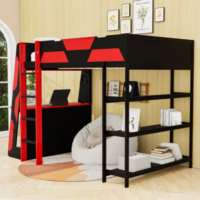 Full Wooden Loft Bed with Light Strip, Desk, Shelves and USB Ports