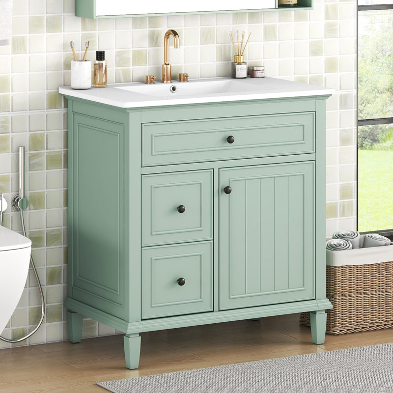 24" Bathroom Vanity With Sink, Green, Black, 30"