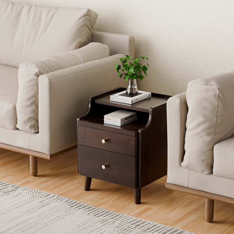Nightstand with Drawers, Pre-Assembled, Natural Solid Wood Night Stand with Open Sliding Shelf, Black Walnut
