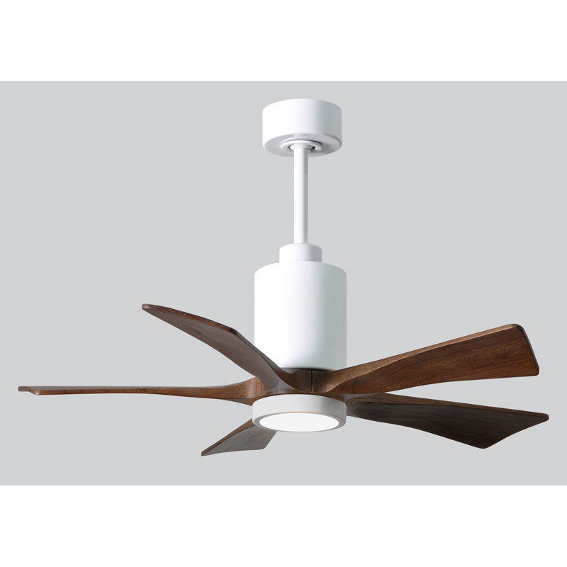 Patricia LED Outdoor Downrod Ceiling Fan, Gloss White, Walnut Tone