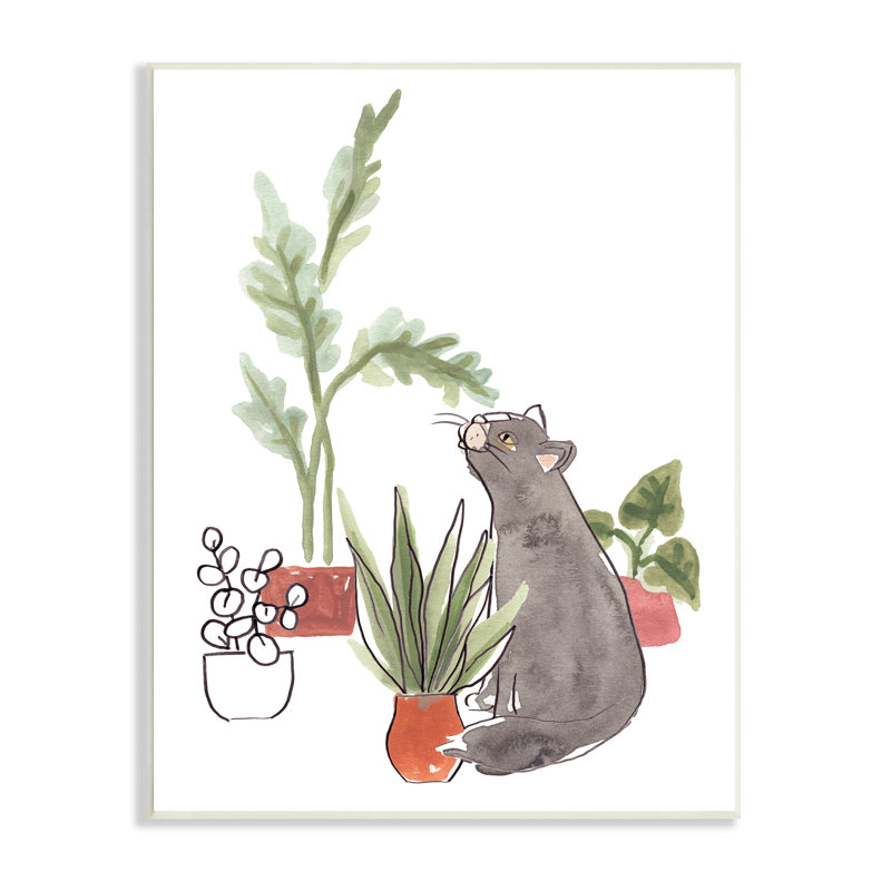 Scène de plante d'intérieur avec chat curieux gris par June Erica Vess, H 19 po x l 13 po x P 0,5 po, Plaque murale