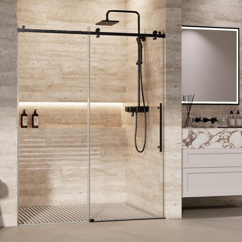 Shower Glass Door with Waterroof Seal Strip, Adjustable Frameless Shower Door with Clear SGCC Tempered Glass 5/16" (8mm), Stainless Steel Hardware