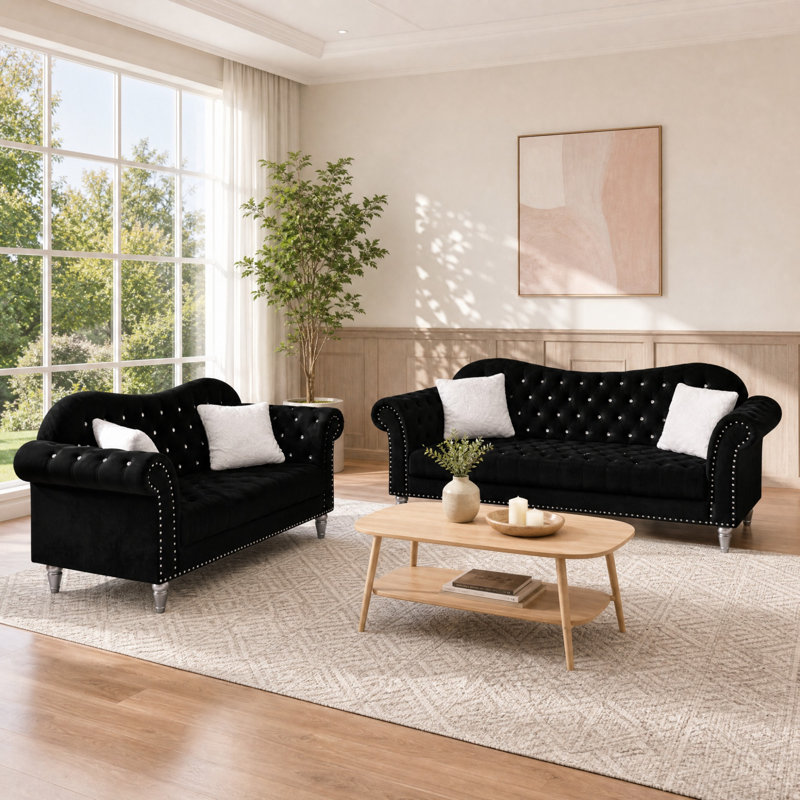 Ensemble de canapés Chesterfield 2 pièces, Noir, noir, noir, noir
