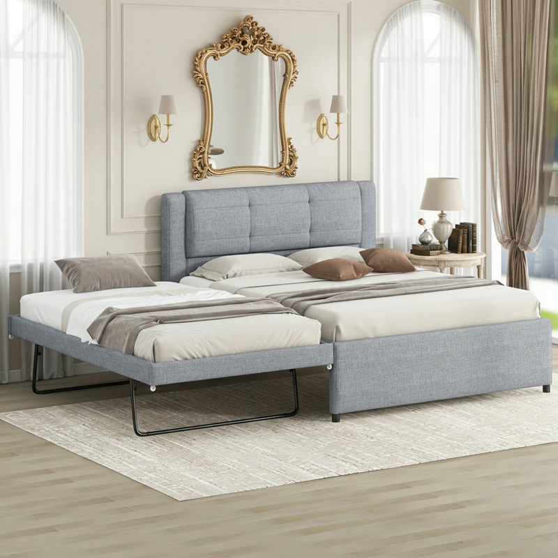 Full Size Platform Bed with Pop-up Trundle, Gray