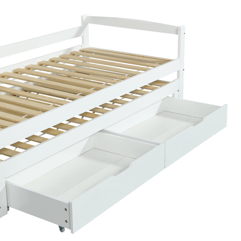 Daybed With Extendable Single To Double Bed, Rolling Trundle & 2 MDF Drawers – Solid Wood Frame, White