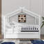 Lit double en bois avec conception en forme de maison, lit gigogne escamotable, structure de toit et barrière de sécurité-1206866273