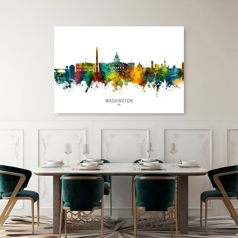 Vibrant Dc Watercolor Skyline Abstract Contemporary Architecture City Wall Art Print by Michael Tompsett - 1 Piece Wrapped Canvas Wall Art