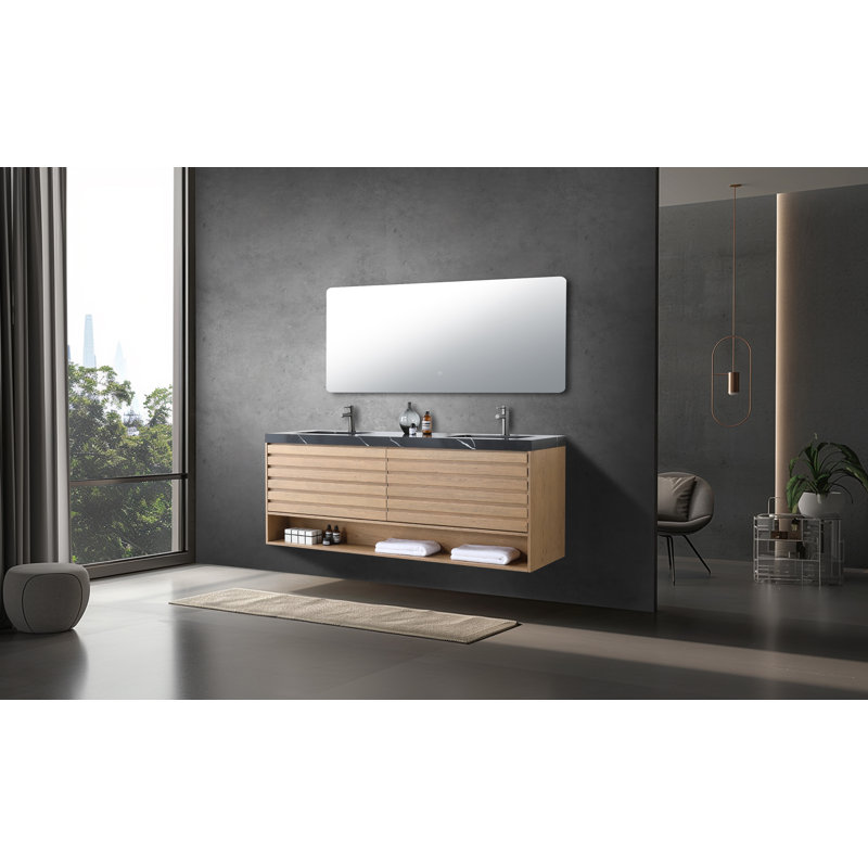 Matera 72" W Double Vanity, Pecan Oak, Black