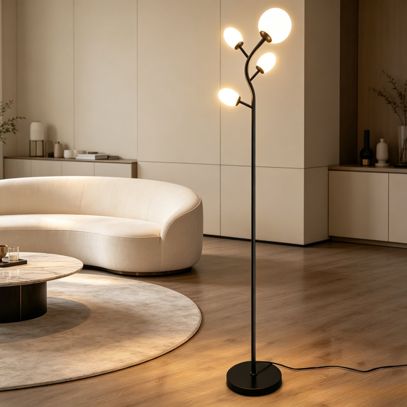Lampe sur pied moderne avec 4 ampoules, lampe sur pied noire avec abat-jour en verre givré pour le salon et la chambre à coucher