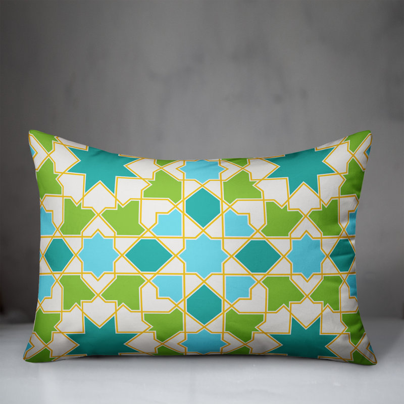 Abstract Outdoor Throw Pillow, White/Teal/Green, Polyester/Polyfill