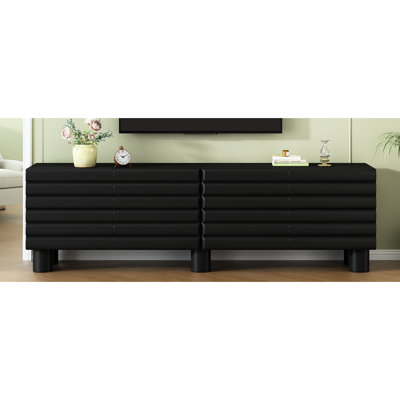 Stylish Black Tv Stand With Wavy Panels, 4 Adjustable Shelf Cabinets, Cable Holes, And - Tip Design For Entertainment In Living Room Door Design, Shelves, Decor