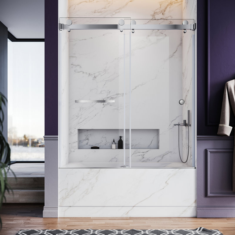 UKD01 56 to 60 in. x 66 in. H Frameless Double Sliding Shower Door with 3/8 in. (10mm) Clear Glass, Chrome, 60" W x 66" H 