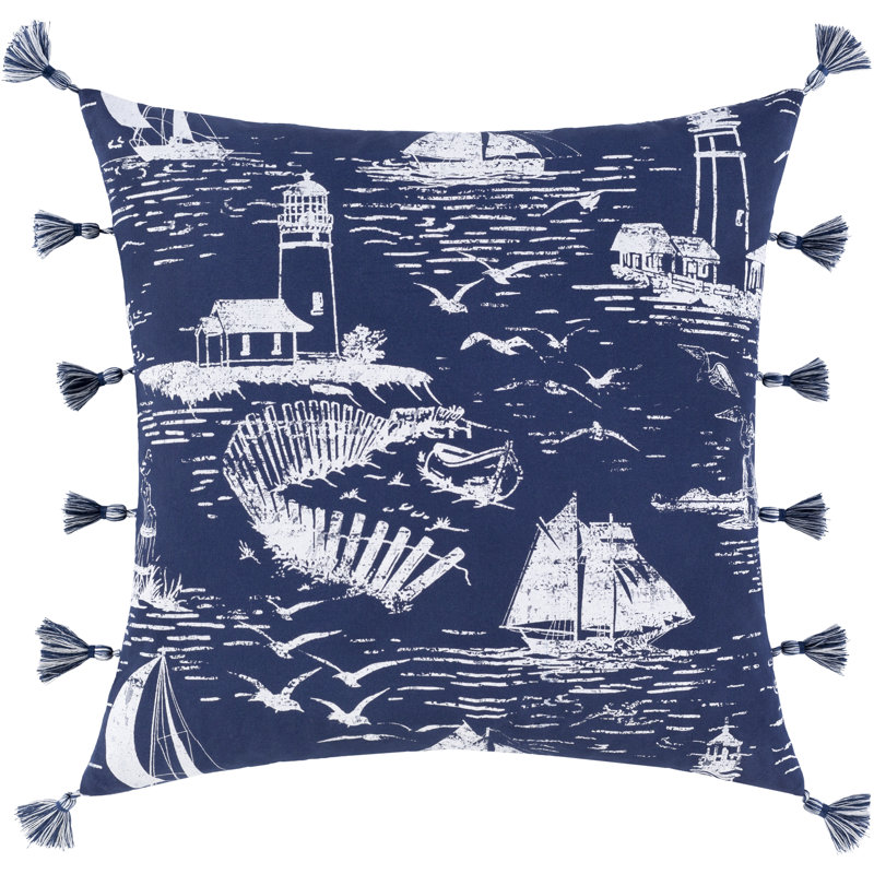 Toile Cotton Reversible Pillow Cover, 22" x 22", Navy/White, Polyester