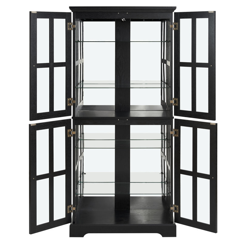 Black Glass Showcase With Adjustable Shelves, Elegant Metal Handles, And Lighting For Bedroom, Black