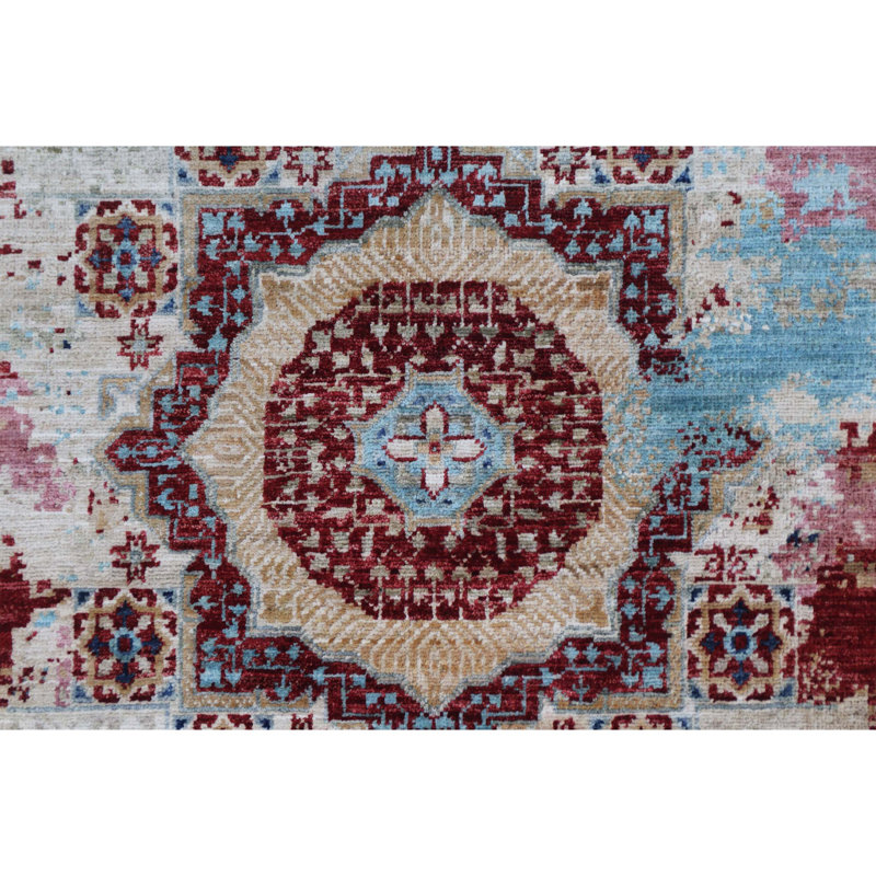 Tapis unique bleu clair / rouge / beige de 4 pi 11 po x 6 pi 11 po