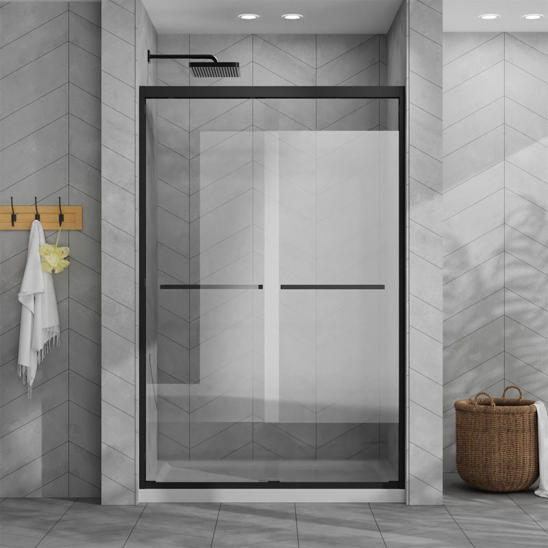 48"X72" Sliding Shower Door Combo W/ 48" White Acrylic Shower Base, Aluminum Framed Double Sliding Door, Tempered Glass Door, Matte Black