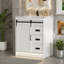 Farmhouse-Style Bathroom Vanity Set With Sliding Barn Door Cabinets, Storage Drawers, And A Small Single Basin Design.