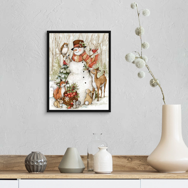 «Meadowbrook Woodland Snowman» par Susan Winget - peinture sur toile tendue, H 14 po x l 11 po, Toile tendue